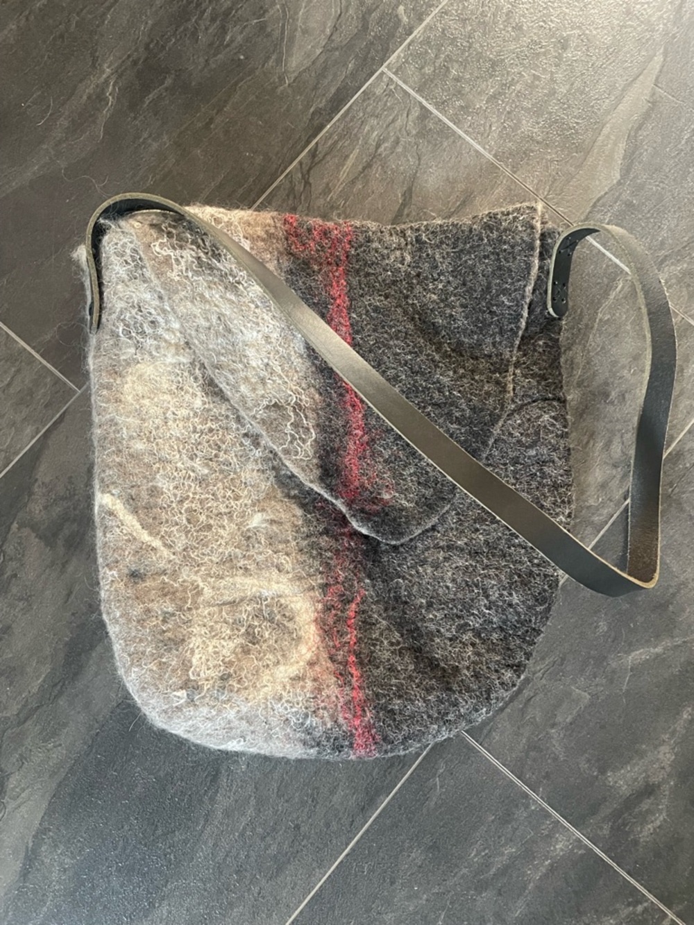 Wool Felt Crossbody Bag with Leather Strap - Gray with Red Accent